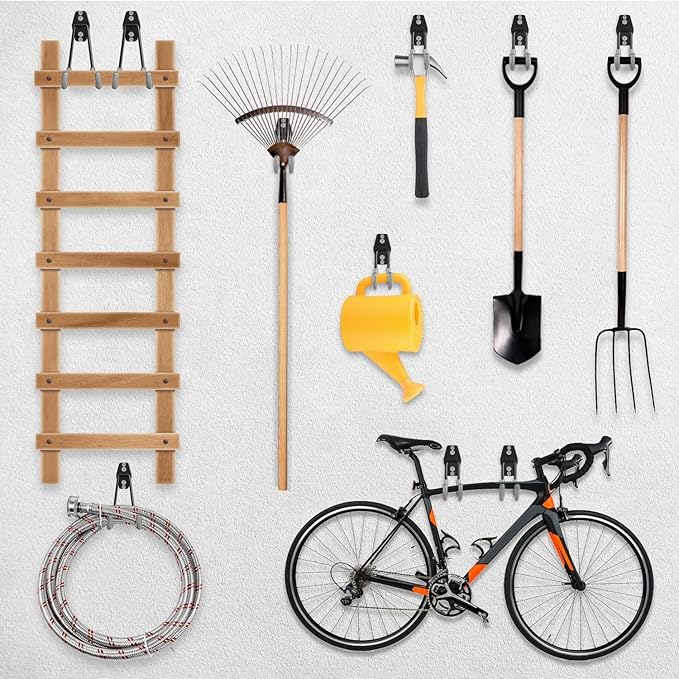 3-H Garage Wall Hooks Heavy Duty 8 Pack, Anti-Slip Steel Wall Mount Storage Hooks for Hanging Ladder Garden Yard Tools, Utility Organizer for Garage Lawn Shed(Gray)