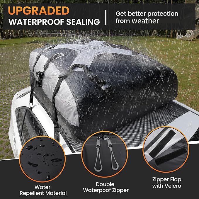 Sailnovo Rooftop Cargo Carrier Car Roof Bag 21 Cubic,Waterproof Cargo Roof Bag for Most Vehicles with/Without Roof Rack with Strap, Anti-Slip Mat,6 Door Hooks(Classic Gray-Black)