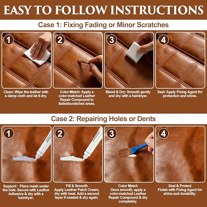 Leather Repair Kit for Furniture, Car Seats, Sofa, Jacket, and Purse, Vinyl Repair Kit with Super Easy Instructions to Match Any Color, Restore Any Glossy Leather Surface