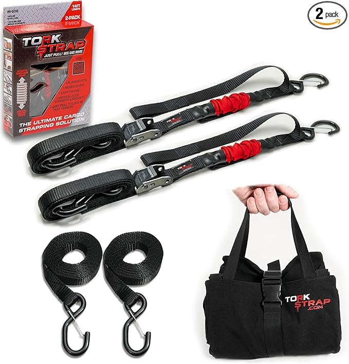 TorkStrap M500 Bundle | 14' x 1'' Spring Loaded Tie Down Straps with Carry Bag and 20' Extensions- 1,500LB Max Load - Just Pull Alternative to Ratchet Straps - Integrated Soft Loops (2-Pack)