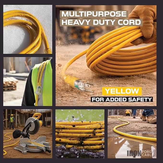 IRON FORGE CABLE 100 Foot Outdoor Extension Cord - 12/3 SJTW Heavy Duty Yellow 3 Prong Extension Cable, 15 AMP - Great for Garden and Major Appliances