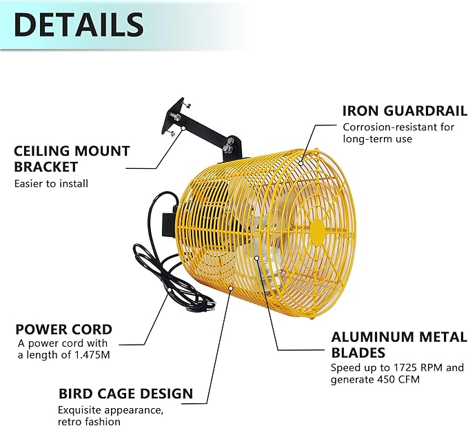 Greenhouse Circulation Fan Air Circulation Fan 1/80 HP 115V Ceiling Wall Mount Fan High Speed Circulation Fan for Greenhouse, Warehouse, Patio, Garage 450CFM, ETL Listed
