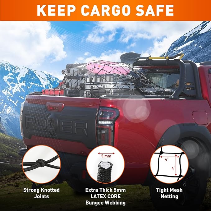 Suu66 Heavy Duty Cargo Net for Pickup Truck Bed - 4' x 6' Stretches to 12' x 18' - Sturdy Latex Bungee Net Mesh - with 12 Metal Carabiners - Truck Bed Accessories for Dodge RAM, Ford, Chevy, Toyota