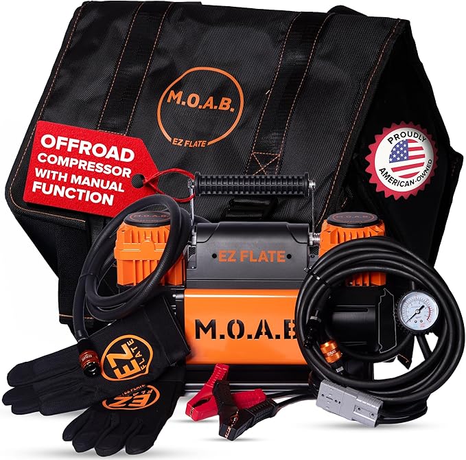 EZ FLATE M.O.A.B. Dual Air Compressor for 4x4 Offroad Vehicles, Fast Inflation, 12V Power, Easy to Use, Storage Bag