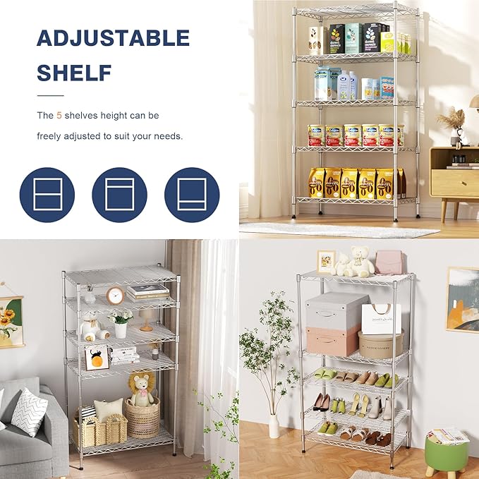 5-Tier Heavy Duty Metal Shelf,Chrome Wire Shelving Unit 35" Wx18 Dx71 H,Height Adjustable Storage Wire Shelves with Lockable Wheels for Garage,Kitchen,Office,Bathroom,Studio