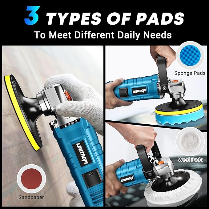 Buffer Polisher Kit for Car - 6/7 Inch Rotary 1700w Polisher Buffer Waxer,7 Variable Speed 1000-3500rpm,Detachable Handle Buffing Machine for Car, Boat Sanding, Polishing Waxing, Blue 3
