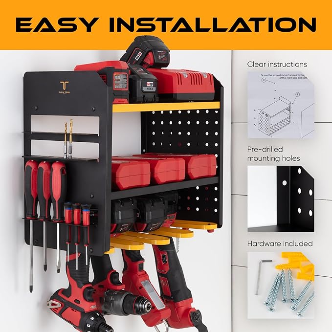 Power Tool Organizer Wall Mount, 4 Layer Heavy Duty Metal Tool Storage Rack with 4 Drill Holders, Pegboard Side Panels & Hooks, Garage Tool Organizer Wall Mount for Cordless Tools, Workshop, Shed
