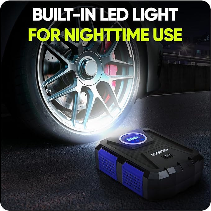 FORTEM Tire Inflator Portable Air Compressor, Air Pump for Car Tires and Bikes, Car Tire Pump w/Auto Shut Off, 150 PSI, 12V DC, LED Light, Carrying Case, for Men, Women