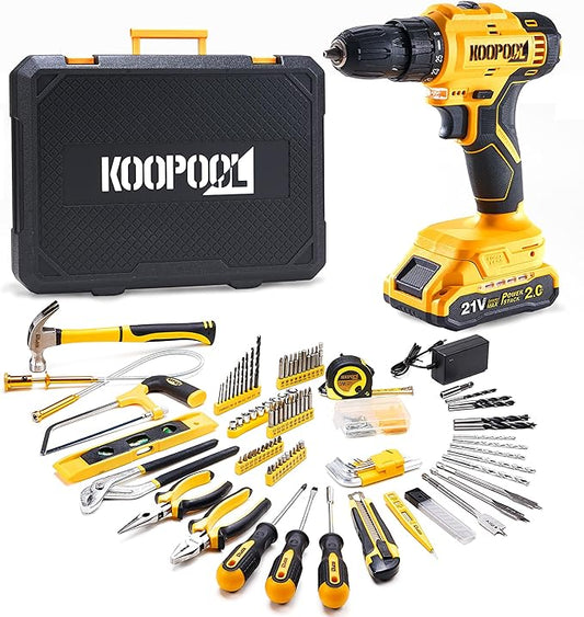 Tool Kit Box Drill Set with 21V Cordless Drill, Tool Box with Drill, Hand Drill Set for Men, Power Tool Combo for Home Repair, DIY, Handyman
