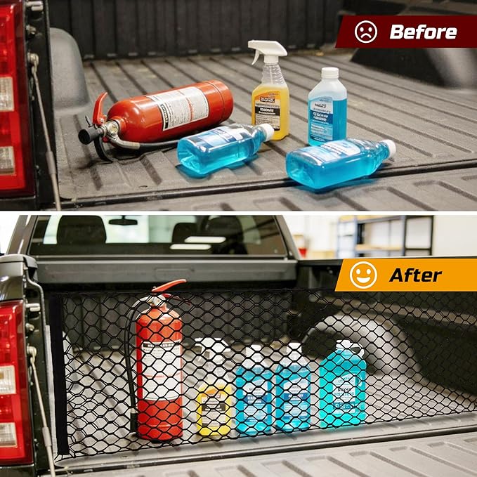 Truck Bed Cargo Net, 49" x 18" (Stretches to 59" x 18'') Envelope Style Organizer, Fits Ford F150, Chevy Silverado, RAM 1500, GMC Sierra, Heavy Duty Mesh with 4 Metal Carabiners for Groceries & Gear