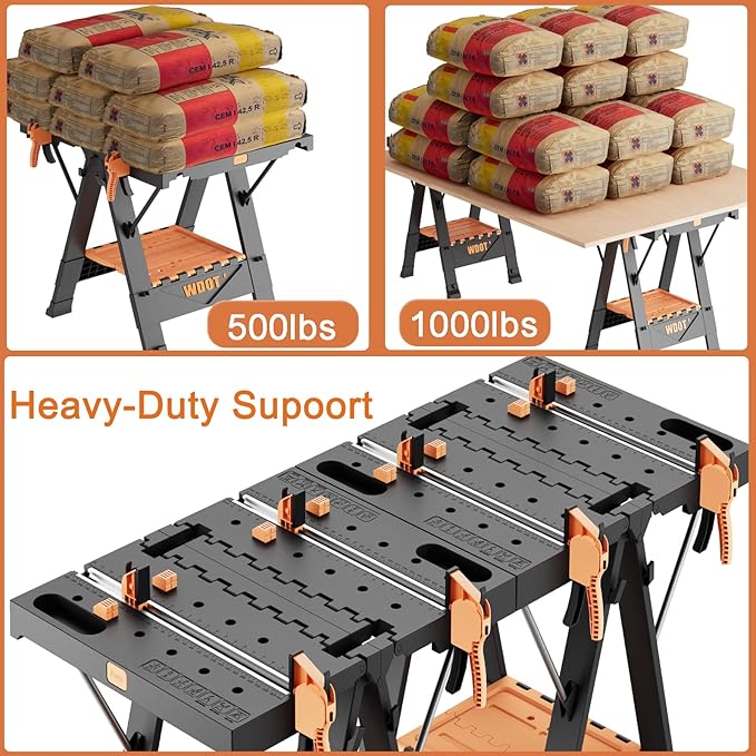 2-in-1 Folding Work Bench & Sawhorse, Easy Setup Portable Work Table, 31" W x 25" D x 32" H, Laser-Engraved Scale,Lightweight Worktable with Large Load Capacity, 2 Clamps & 6 Bench Dogs