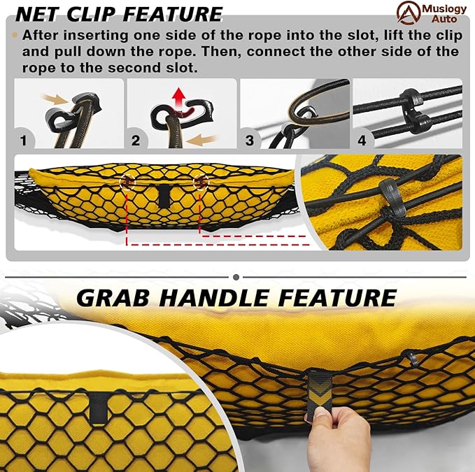 Muslogy Truck Bed Cargo Net Trunk Netting Compatible with 2015-2020 Chevy Tahoe | GMC Yukon | Cadillac Escalade Accessories, Pickup Cargo Organizer SUV Sedan Storage Net w/Heavy Duty Carabiners