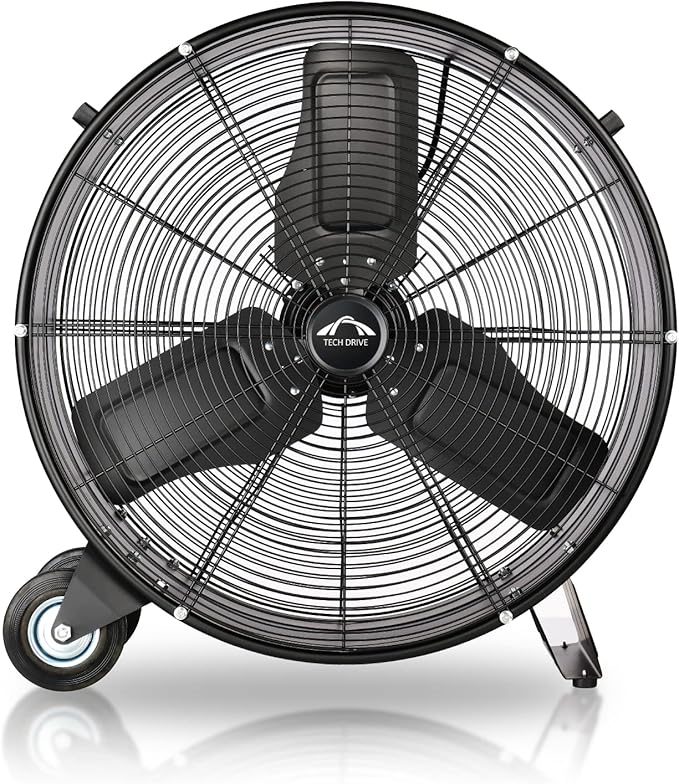Tech Drive Heavy Duty Metal Industrial Drum Fan, 24 inch High Velocity Shop Fan, 2 Speed Large Floor Fan for Warehouse, Workshop, Factory, Garage, All Metal, Black