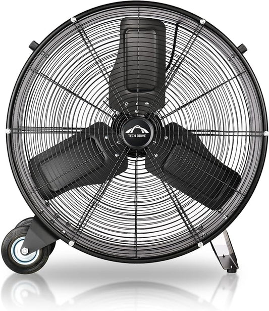 Tech Drive Heavy Duty Metal Industrial Drum Fan, 24 inch High Velocity Shop Fan, 2 Speed Large Floor Fan for Warehouse, Workshop, Factory, Garage, All Metal, Black