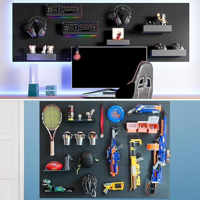 FZK Peg Board, 74PCS Metal Pegboard Wall Organizer Kit. Heavy Duty Pegboard, Peg Boards, Pegboard for Walls, Black Pegboard for Garage Craft Room Workbench Office Kitchen Tool Organization, 24 * 24