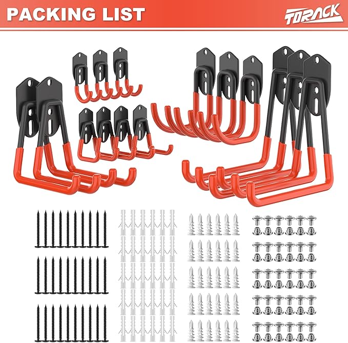 TORACK 15 PCS Garage Storage System Hooks, Shelving Hooks for Keyhole Shelving Units Wall Mount Utility Hooks for Tools, Ladders, Cords, Folding Chairs, Shovels and Rakes(Orange)