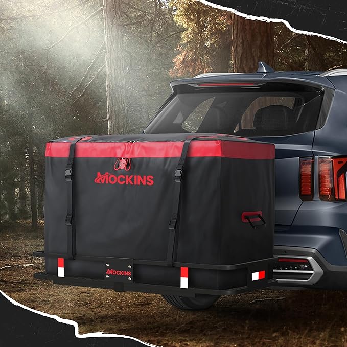 Mockins 15 CuFt Weatherproof Trailer Hitch Cargo Carrier Bag w/ 4 Packing Cubes | 48"x18"x31" Waterproof Cargo Bag for Hitch Carrier & Truck Bed Storage | Vehicle Soft-Shell Carriers w/Straps & Lock