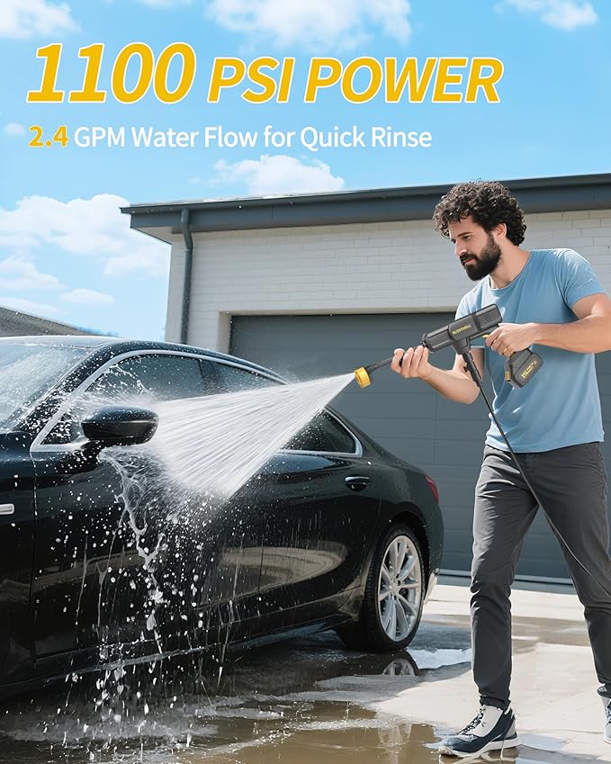 Cordless Pressure Washer Battery Powered; 1100PSI 2.4 GPM Portable Cordless Power Washer with 6-in-1 Nozzle, Foam Cannon, 21V Battery; Handheld Pressure Washer (Resilient Yellow)