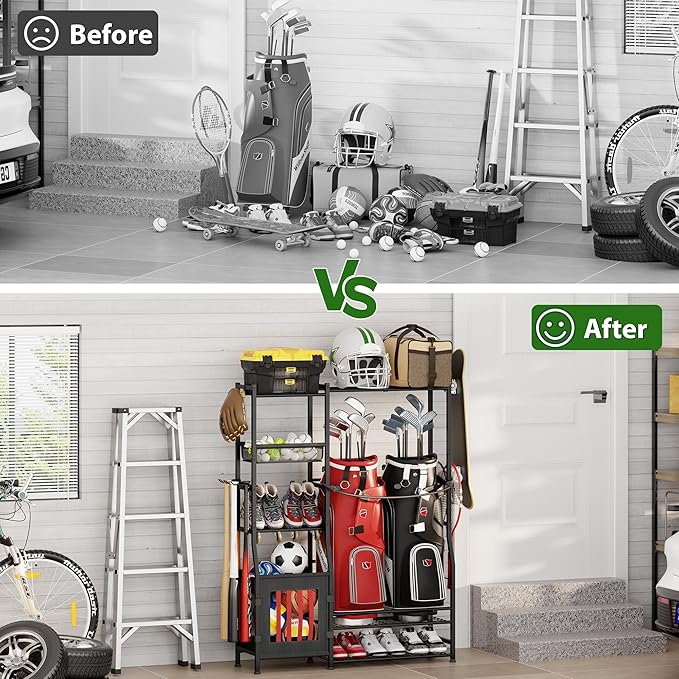 Sports Equipment Organizer Garage Organization , Golf Bag Storage Rack, Organizer for 2 Golf Bag , Indoor/Outdoor Ball Storage Bins for Toy Sports Gear Storage, Ideal for Home, Garage, Club, Basement