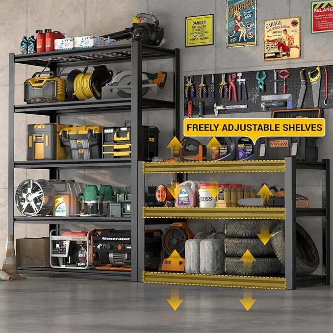 5-Tire Garage Shelving Units Storage Shelves Rack, 72 Inches Height Heavy Duty Adjustable Steel 5000 lbs Metal Shelf for Basement, Garage Organization (Iron Grid Layer, 72" H x 59" W x 24" D)