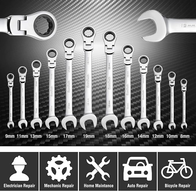 DURATECH Flex-Head Ratcheting Wrench Set, Combination Wrench Set, 72 Tooth, Metric, 12-piece, Size Covers 8-19mm, CR-V Steel, with Rolling Pouch