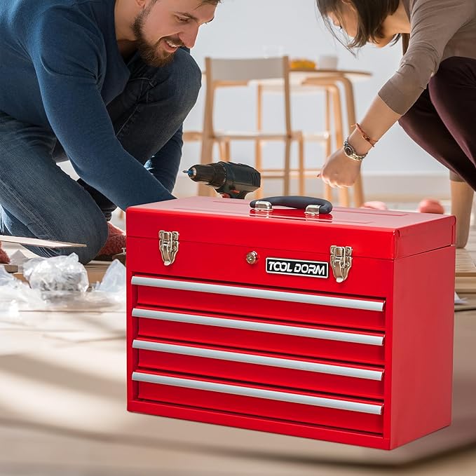 Metal Tool Box with 4 Drawers Portable Steel Tool Chest with Metal Cylinder Lock and Latch Closure, Liner, Red Powder coating, suitable for Garage, Warehouse and Outdoor Repair job