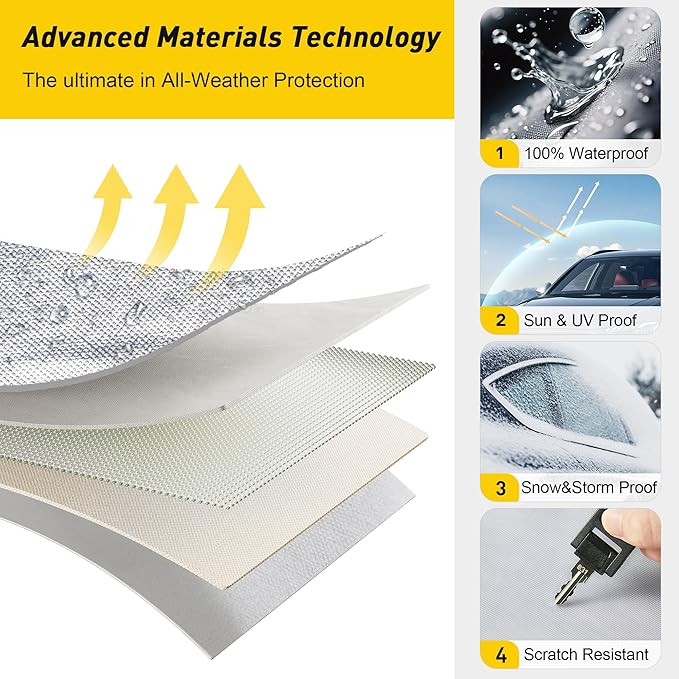 Caromop 10-Layer Waterproof Car Cover All Weather Protection (Snow, Rain, Sun) with Secure Fit Straps and Easy On/Off Zipper-Size C5 (See Size-Chart)