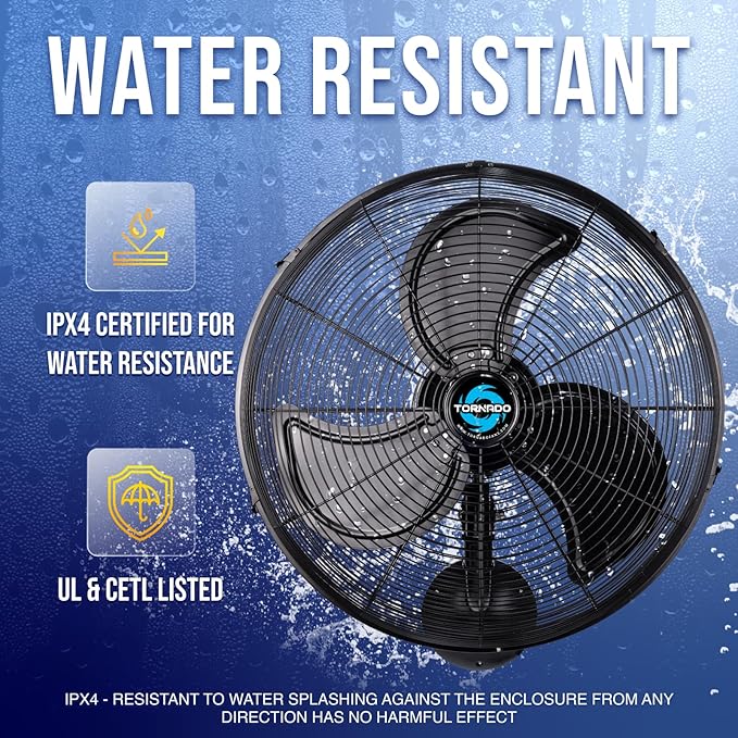 Tornado 20 Inch Pro Series High Velocity Oscillating Waterproof Outdoor Wall Mount Fan For Industrial, Commercial, Residential Use 3 Speed 5250 CFM UL Safety Listed