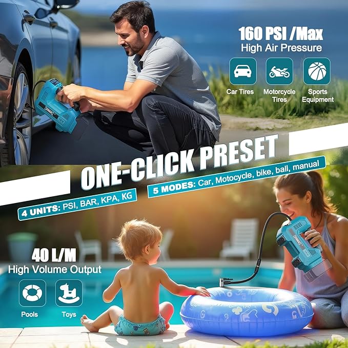 DIYtoolifz 160PSI Cordless Tire Inflator Compatible with Makita 18V Air Compressor, Portable Air Pump Automatic Shut Off, LED Light, Digital Pressure Gauge for Cars Motorcycles Bike Ball (Bare Tool)