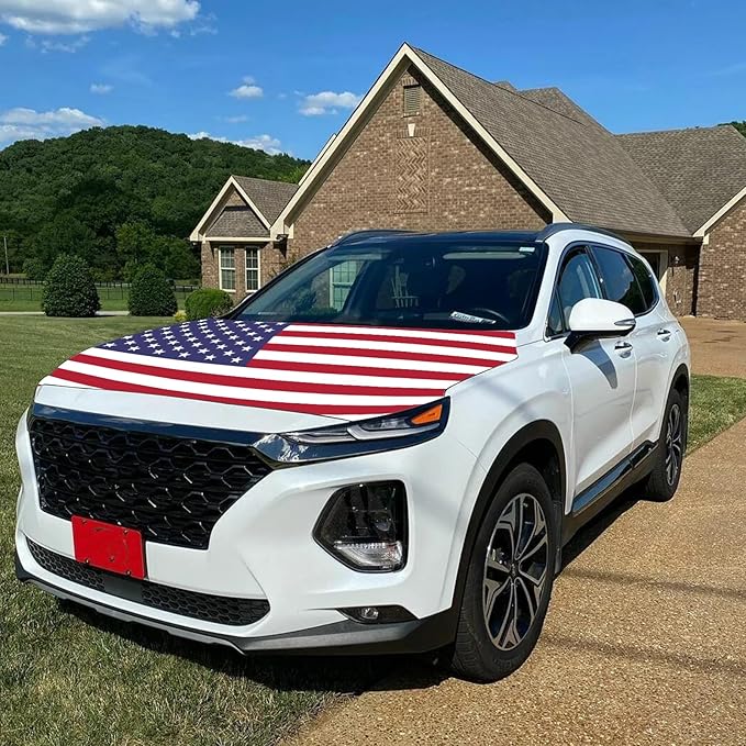 American Hood Flag Cover - 59x51 in Car Hood Cover American Flag for Car Decor, Patriotic Car American Flag with 2 Pack Adjustable Triangular Fasteners