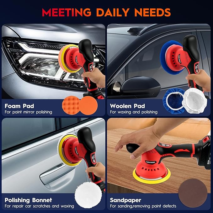 Cordless Car Buffer Polisher, 6 Inch Orbital Polisher Kit with 2x21V Batteries & 21 PCS Attachments - 8 Speeds Variable Max 6000RPM Car Buffer for Car Detailing, Waxing, Polishing, Scratch Removing