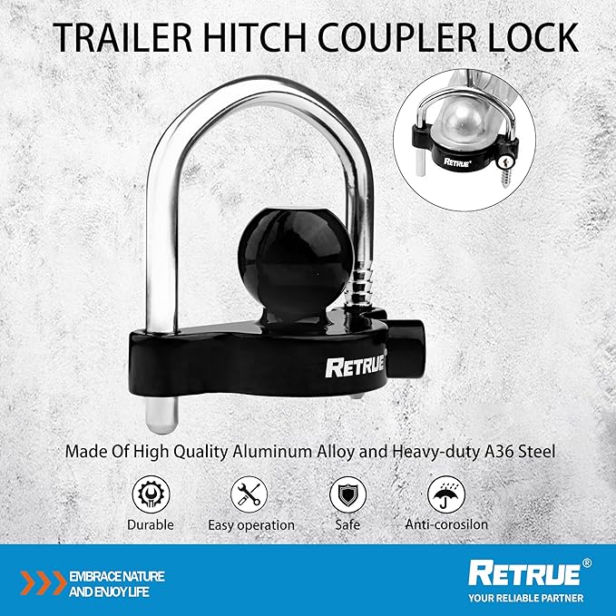 RETRUE Universal Coupler Lock Trailer Locks Ball Hitch Trailer Hitch Lock Adjustable Security Heavy-Duty Steel fits 1-7/8 Inch, 2 Inch, 2-5/16 Inch Couplers, Black (Pack of 2)