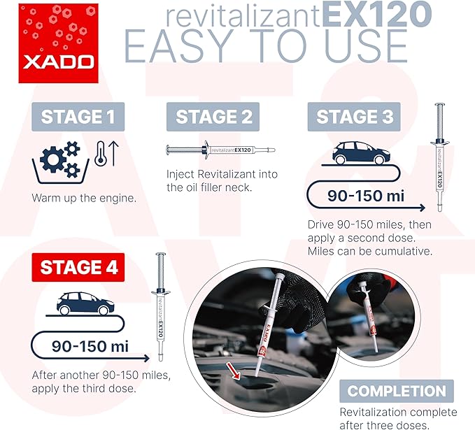 XADO EX120 Motor Oil Additive - Engine Restore - Ceramic-Metal Coating and Revitalizant - Oil Treatment for High Mileage Engines - Restores Worn Metal Parts - for Gas and LPG Vehicles (Syringe 8 ml)