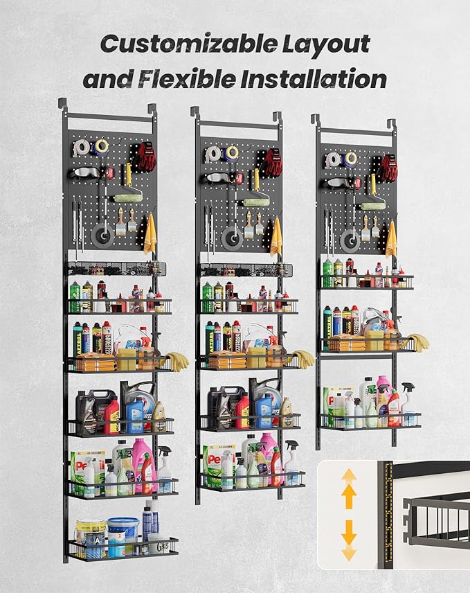 mustry Over The Door Garage Organizer, Behind The Door Storage with PegBoards and Baskets for Cleaning Supplies, Car Care, Spray Can, Metal Hanging Storage Rack for Garage Organization
