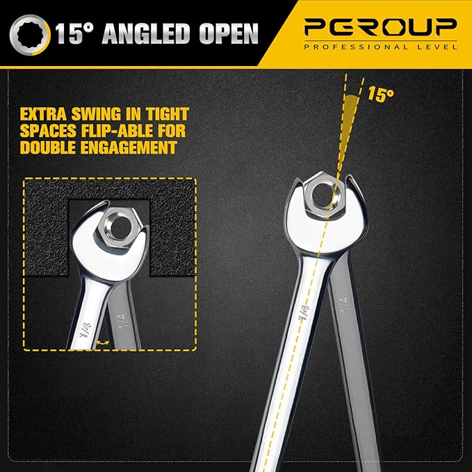 1/4" SAE Combination Wrench, CR-V Steel with Mirror Polish, 12-Point Design, 15-Degree Offset, Perfect for Auto Repair, Household, Car & Truck Emergency