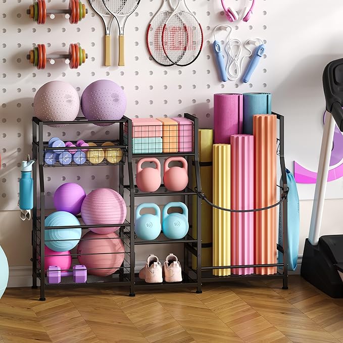 Sonyabecca Garage Sports Equipment Organizer 2 Golf Bag Stand Golf Storage Organizer for Garage with Basket and Hooks, Storage Rack for 2 Golf Bag, Golf Gift for Men, Two Assembly Methods