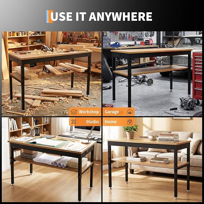 60" Work Bench with Storage Shelf, Adjustable Height Workbench, 60" x 24" Work Benches for Garage, 2500 LBS Tool Bench with Power Outlet for Workshop & Home