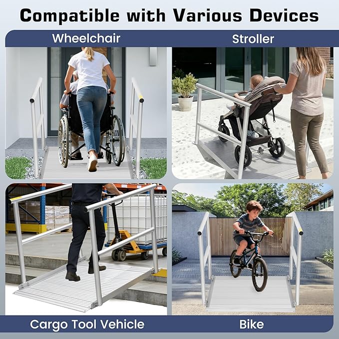 Portable Wheelchair Ramp with Handrails for Home Steps Stairs Curbs, 800 Lbs Capacity Aluminum Handicap Ramps for Wheelchairs, Carts, Scooter, Anti-Slip Surface - 3'L X 36"