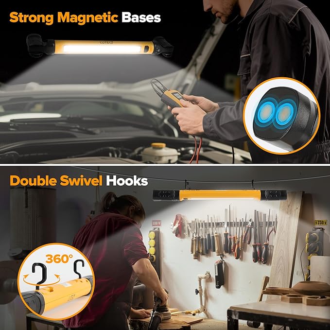 LUTEC 3000LM LED Work Light, 5200mAh Rechargeable Magnetic Under Hood Work Light Bar with Hooks, Cordless Portable Mechanic Light for Car Repairing/Inspection/Garage/Emergency-Yellow