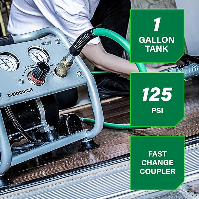Metabo HPT Quiet Air Compressor, Portable 1 Gallon Oil-Free Air Compressor, Ultra-Quiet Operation at 59 dB, Universal Quick Coupler for Fast Tool Changes, Compact and Lightweight, EC28M