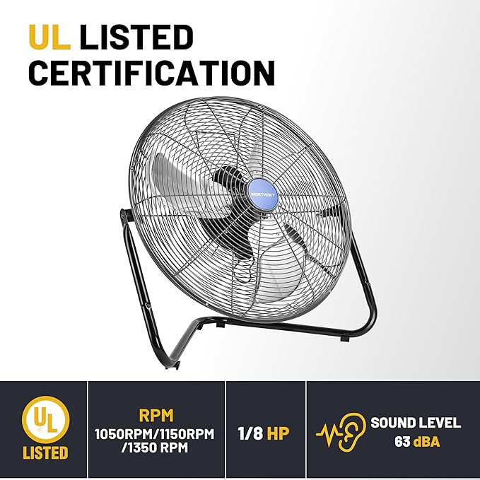 NORTHSKY 18" Floor Fan, 3200 CFM Industrial Fan, 3 Speeds, Durable Steel Safety Grille, 1/8 HP, 360° Head Hit, for Manufacture, Construction, Warehousing with UL-Certified Safety Compliance