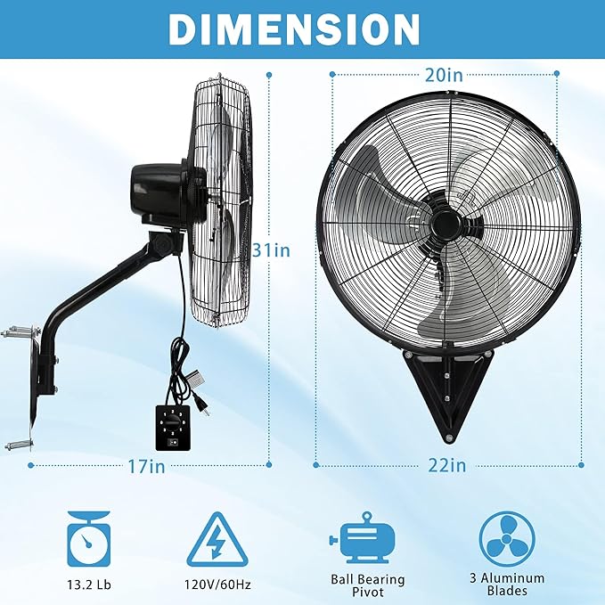 Bestronair Wall Mount Fan Oscillating with 7100CFM, Industrial Heavy Duty Metal 3 Speed Fan, 20 Inch High Velocity Adjustable Tilt, Use for Garage, Workshop, Warehouse, Patio, Factory and Homes