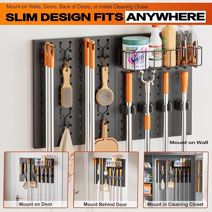 Broom Holder Wall Mount, Peg Board Wall Organizer with Mop Hanger Gripper Hooks Basket, Laundry Room Organization and Storage with Cleaning Supplies Organizer, Metal Pegboard for Utility Closet Garage