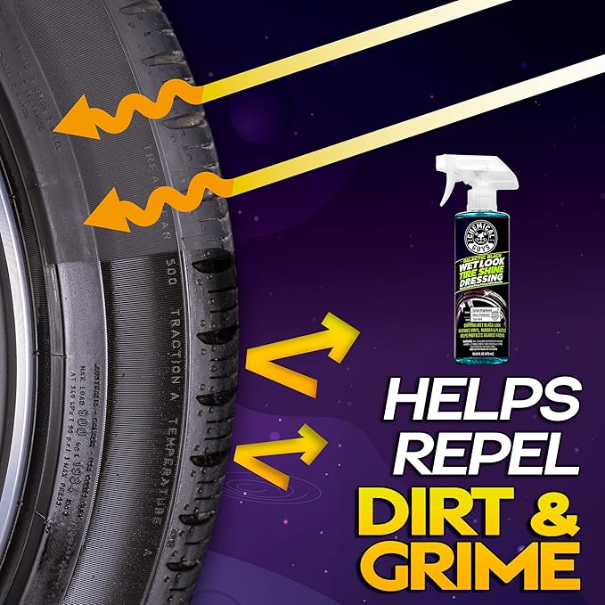 Chemical Guys Galactic Black Wet Look Tire Shine Dressing – High Gloss Tire Spray for Trim & Rubber – Restores Deep Black Shine and Protection for Cars, Trucks, Motorcycles and RVs, 16 oz