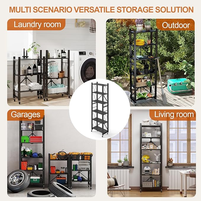 6-Tier Foldable Storage Shelves with Wheels, Folding Metal Shelf Unit, Folding Bookshelf no Assembly, Collapsible Shelves for Craft Shows for Kitchen, Bedroom, Living Room, Black