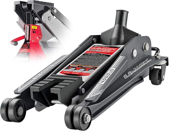 Powerbuilt 2 Ton U-Jack Garage Jack, 3000 LBS Loading Capacity, Lift Range: 4-1/2-Inch to 18-3/4-Inch, Unique Saddle for sliding jackstand into - 620516