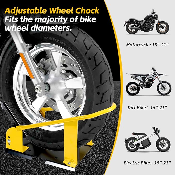 MaxxHaul Adjustable Motorcycle Wheel Chock Stand with Auto-Lock Cradle, Fits 15"–21" Tires – Heavy-Duty Steel Bike Stand for Trailer, Garage & Truck Bed, Includes Mounting Hardware – 70075