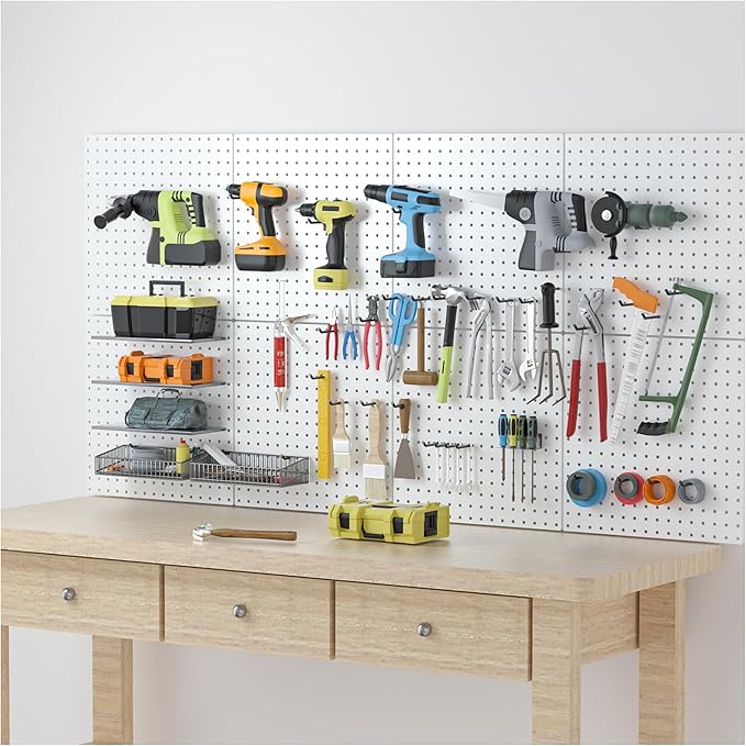 Peg Board, 16”×16”Large Heavy Duty Metal Pegboard Panels with Frame White PegBoard Display 4 Packs Peg Boards for Walls, Display, Garage Tool Storage, Office Organization, Craft Room, Kitchen