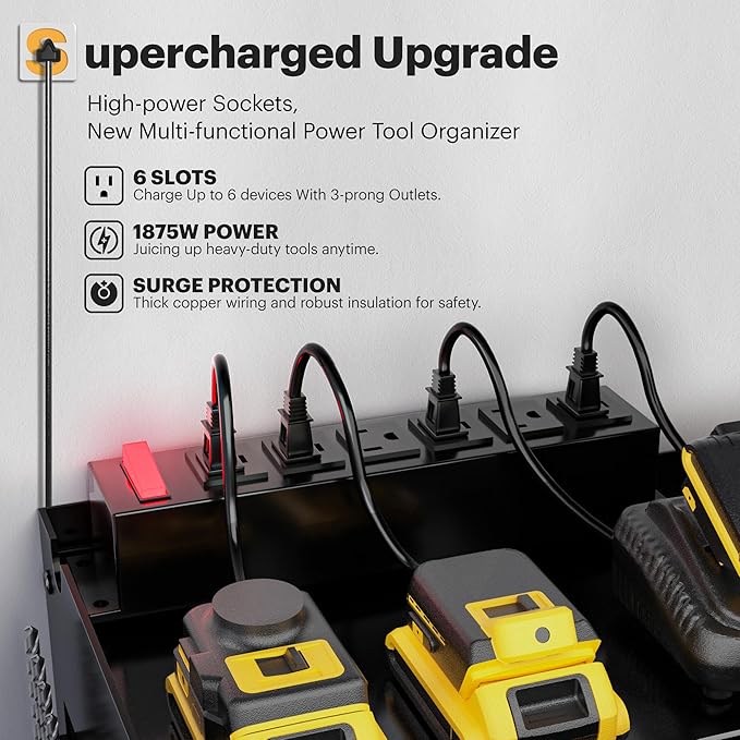 Spampur Power Tool Organizer Wall Mount with Charging Station, 15 Min Assembly & Maximum 420lb Load by Heavy Duty Metal, 8 Slots for Cordless Drill, Tool Battery Holder with 6 Outlet Power Strip