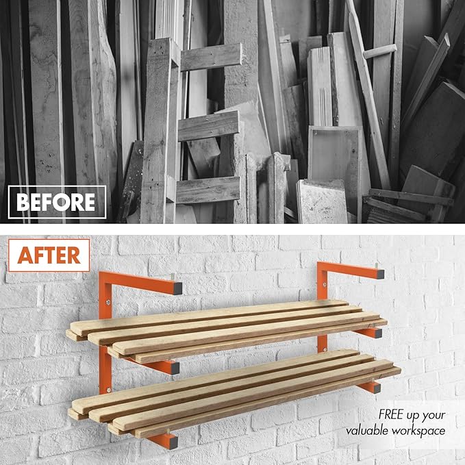 Lumber Storage Metal Rack Wall, Heavy Duty 3-Level Wall-Mounted Wood Rack Organizer for Garage Workshop and Shed (6 Pack)